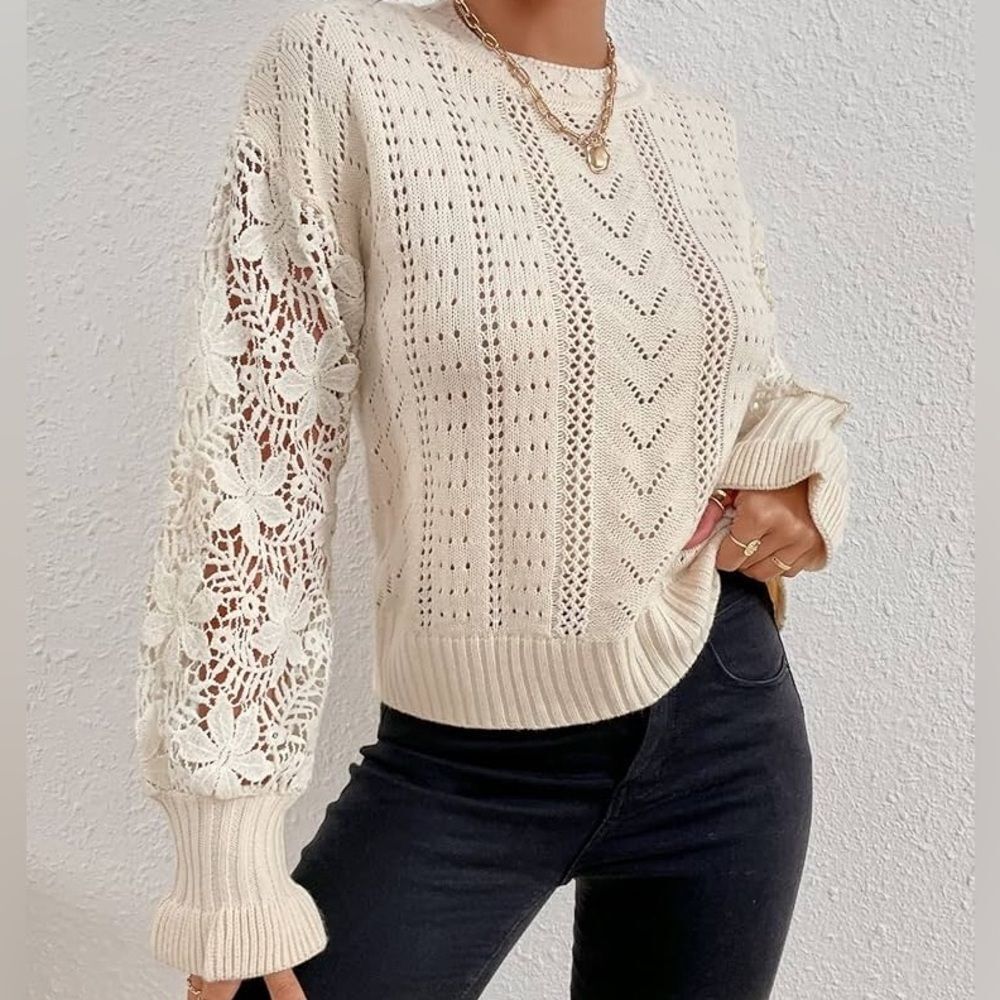 TOASTED ALMOND Pointelle Knit Floral Crochet Lace Sleeve Sweater SMALL - Picture 2 of 4